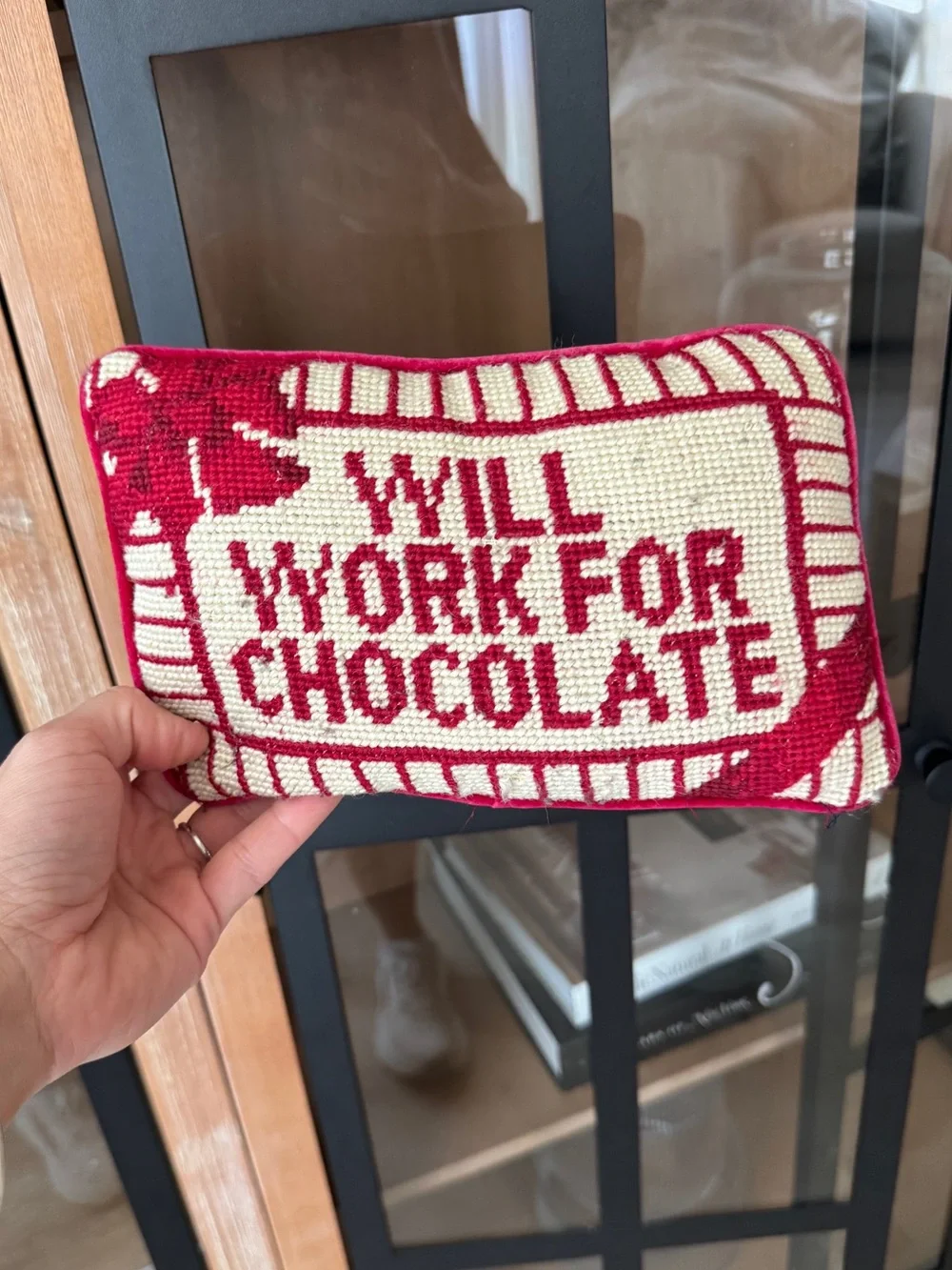 Vintage needlepoint mini pillow funny decorative handmade velvet chocolate